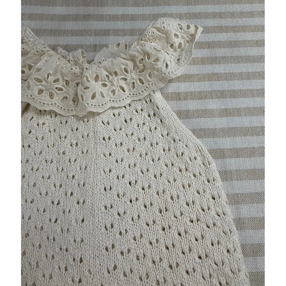 Zara Kids Cream Pointelle Knit Romper Eyelet Lace Ruffle Collar Size 2-3 Years